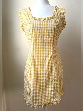 Yellow Gingham Ruffle Mini Dress Cottagecore Sundress Open Style Clo M